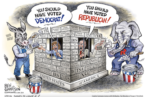Cartoon of democrats / republicans saying that you should have voted republican / democrat