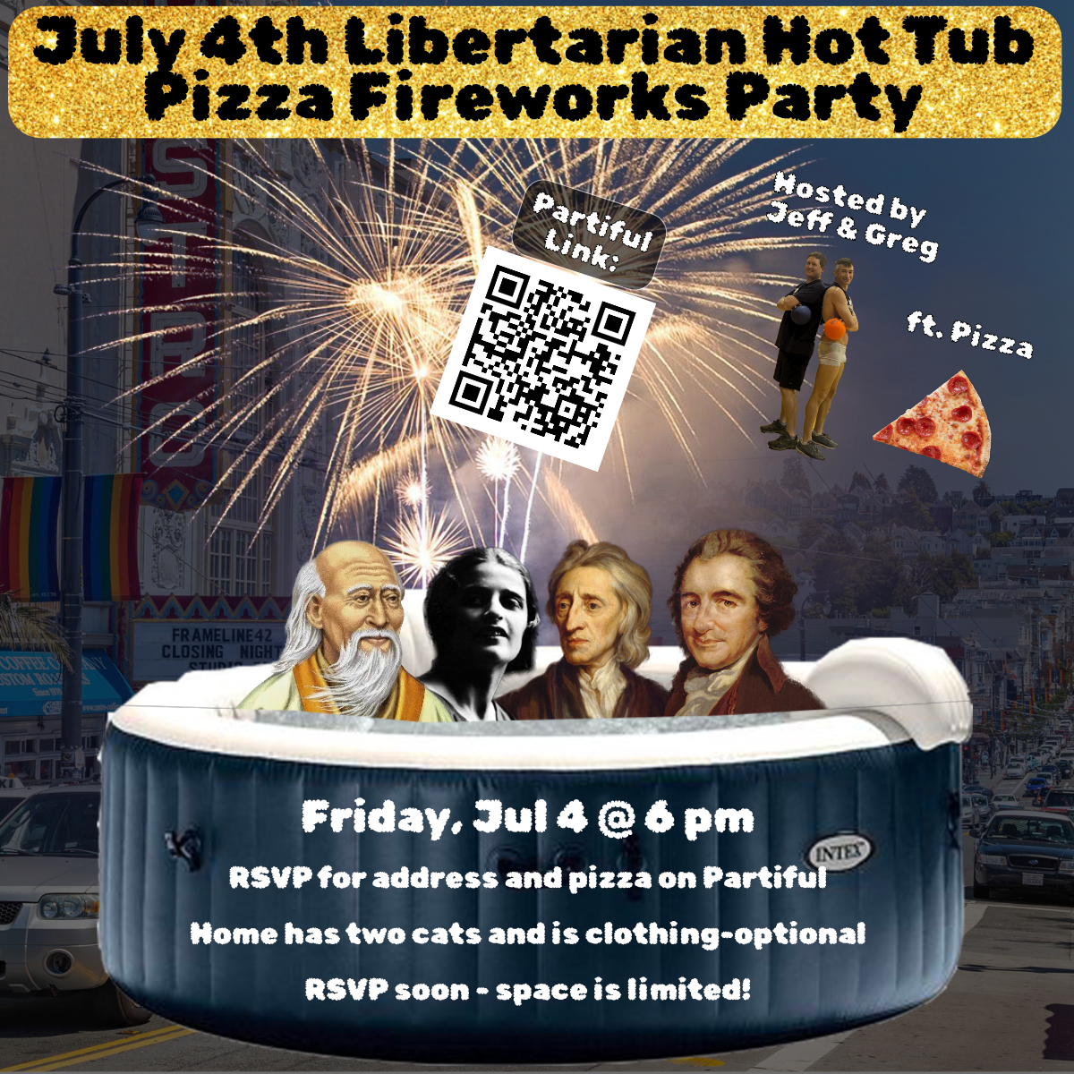 Event flyer showing historical libertarian thinkers in a hot tub.